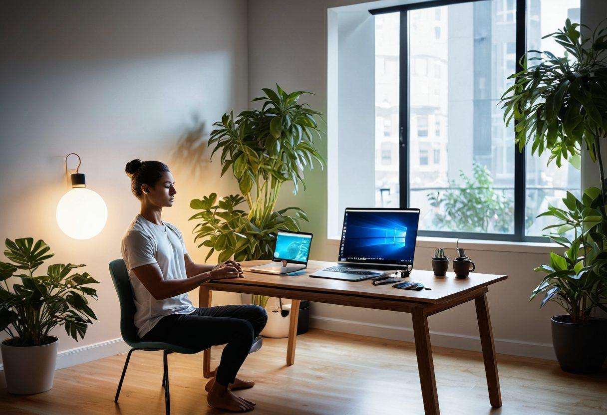 A serene workspace blending tech gadgets and wellness elements, featuring a sleek laptop, smart health devices, and indoor plants. Show a person meditating beside a futuristic desk with innovative tools for a balanced lifestyle. Soft natural light illuminating the scene, creating a harmonious atmosphere. vibrant colors. super-realistic.