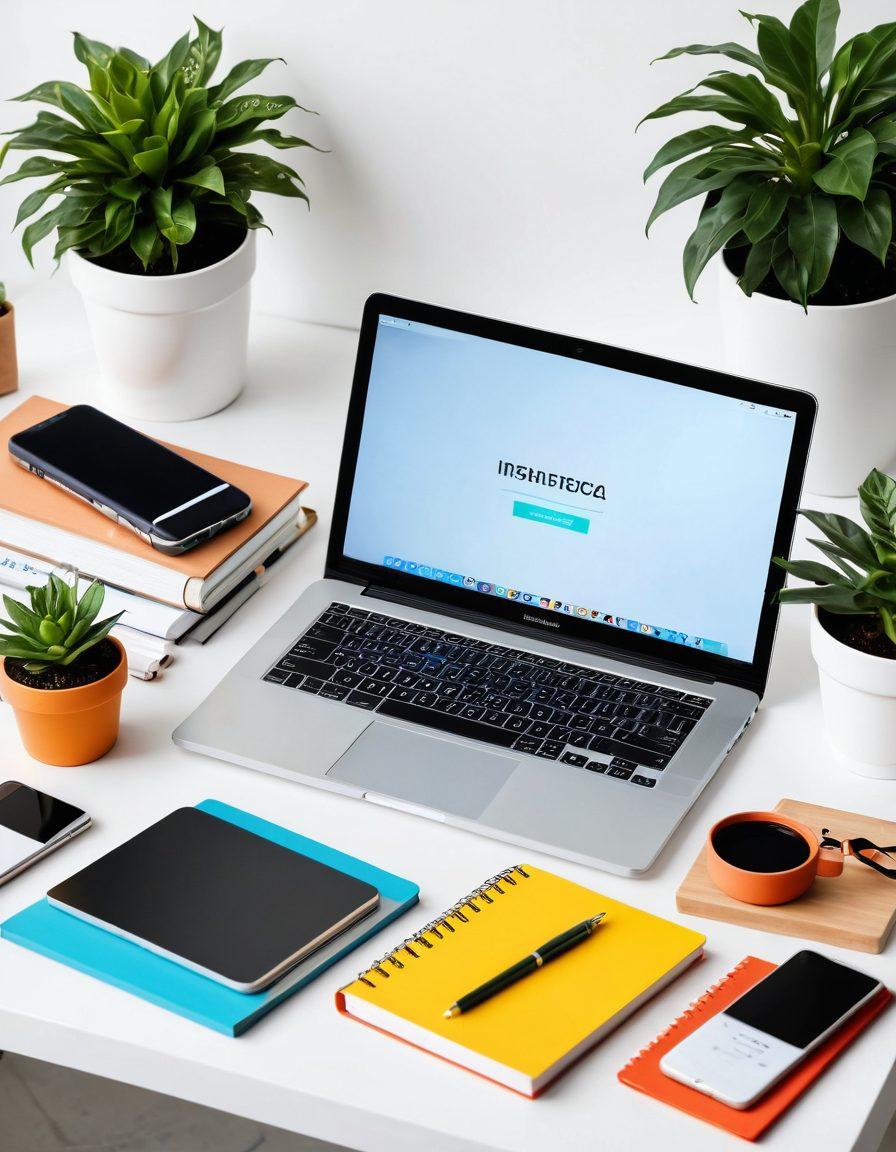 A vibrant and modern workspace with a sleek laptop displaying lifestyle innovation icons, surrounded by tech gadgets like smartwatches and headphones. An open journal with motivational quotes and a potted plant adds a touch of freshness. Bright and inviting colors enhance the atmosphere, symbolizing personal growth and creativity. super-realistic. vibrant colors. white background.