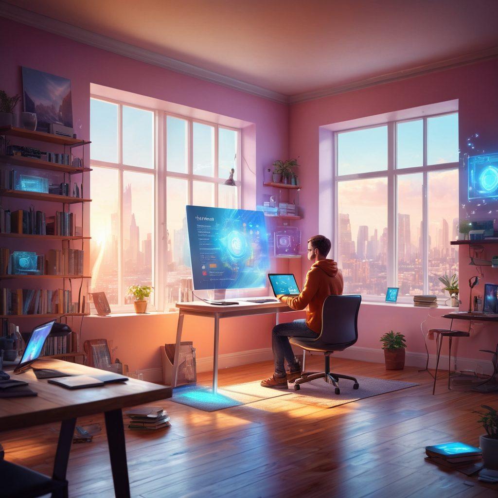 A futuristic workspace with a person using a holographic interface, surrounded by various tech gadgets symbolizing personal development. Include books on self-improvement and a digital tablet displaying motivational quotes. Light streaming in through a window, creating a warm, inspiring atmosphere. super-realistic. vibrant colors. digital illustration.